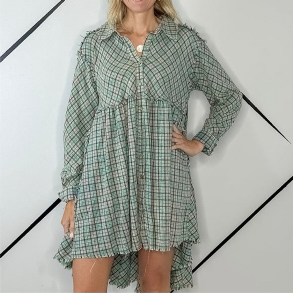Oli & Hali Back Tiered Check Plaid Tunic High Low Dress Mint Green Boho Size L.